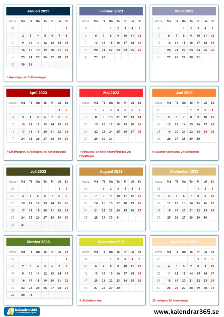 2023 svensk kalender med allmänna helgdagar - Den här bilden visar 2023 års kalender för Sverige, viktiga datum är markerade i rött för enkel referens