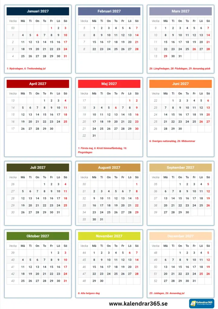 2027 svensk kalender med allmänna helgdagar - Den här bilden visar 2027 års kalender för Sverige, viktiga datum är markerade i rött för enkel referens