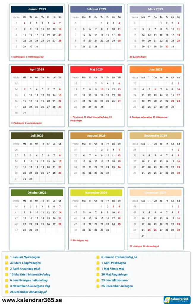 Svensk kalender 2029 med allmänna helgdagar - Den här bilden visar kalendern för 2029för Sverige, och framhäver helgdagar som nyårsdagen, påsk och midsommar. Viktiga datum är markerade med rött för enkel referens
