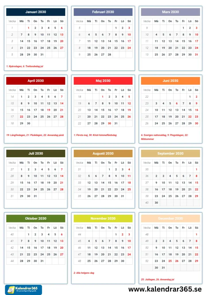 2030 svensk kalender med allmänna helgdagar - Den här bilden visar 2030 års kalender för Sverige, viktiga datum är markerade i rött för enkel referens