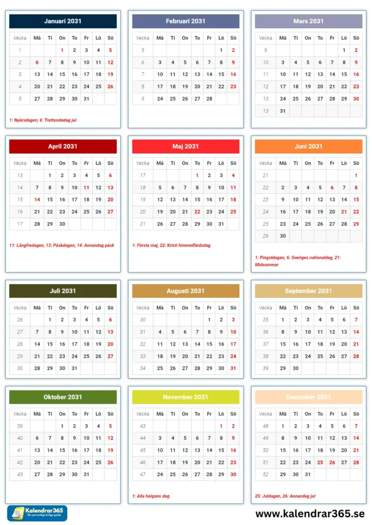 2031 svensk kalender med allmänna helgdagar - Den här bilden visar 2031 års kalender för Sverige, viktiga datum är markerade i rött för enkel referens